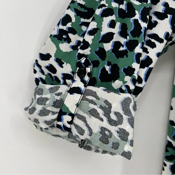 BeachLunchLounge Top Womens Plus Size Green Leopard Print Button Roll Tab Sleeve - Picture 10 of 16